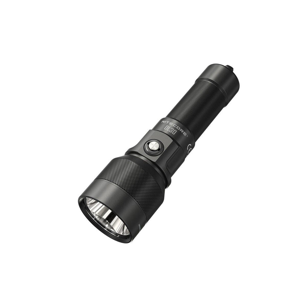Nitecore DL30 submersible dive light in black aluminum with wrist lanyard and diffuser