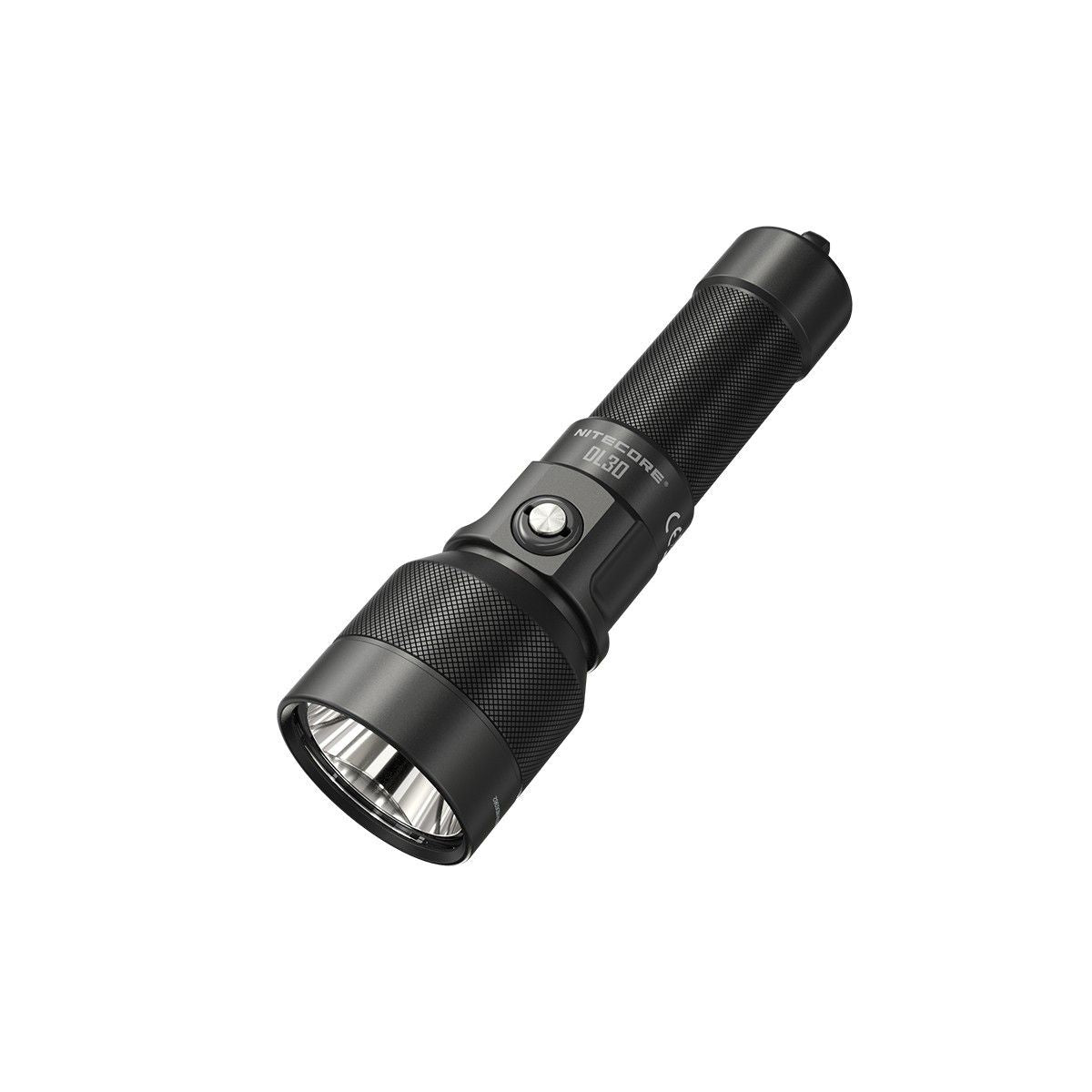 Nitecore DL30 submersible dive light in black aluminum with wrist lanyard and diffuser