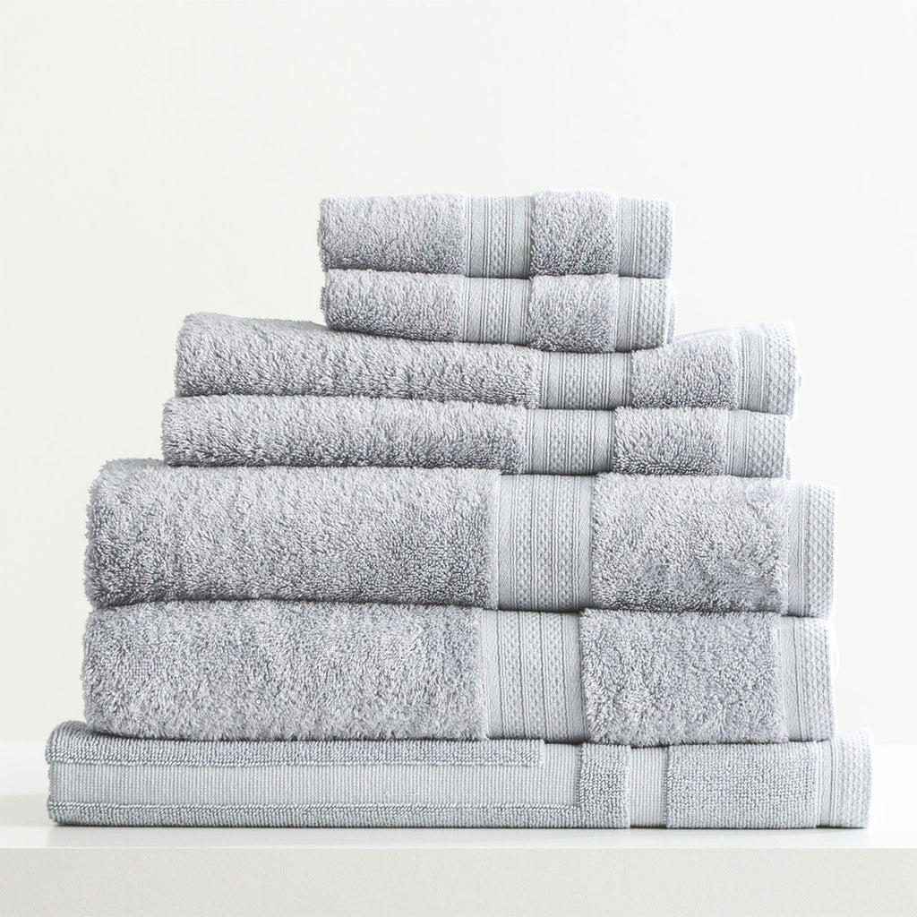 Stella bamboo towel set in silver, folded luxury bath towels with hanger loops