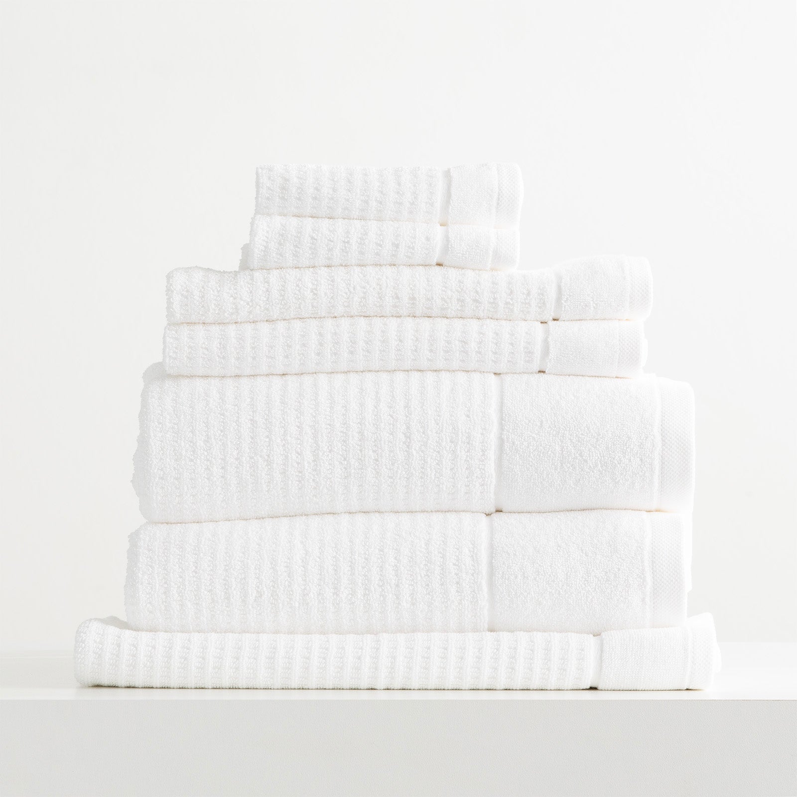 Cambridge waffle towel set in snow white, plush 650 GSM textured cotton bath towels.