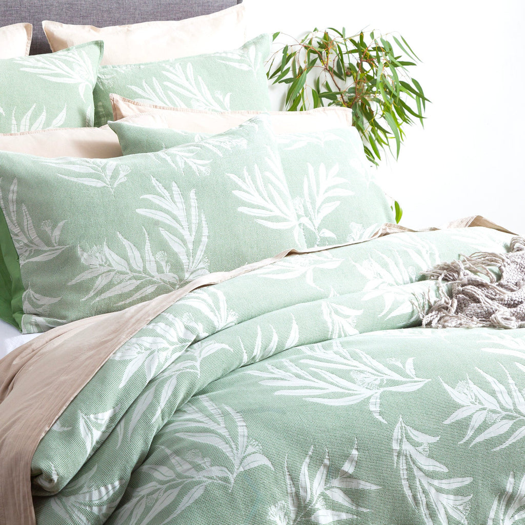 Juniper green native cotton jacquard quilt cover set with matching pillowcases and delicate botanical pattern. — view 2