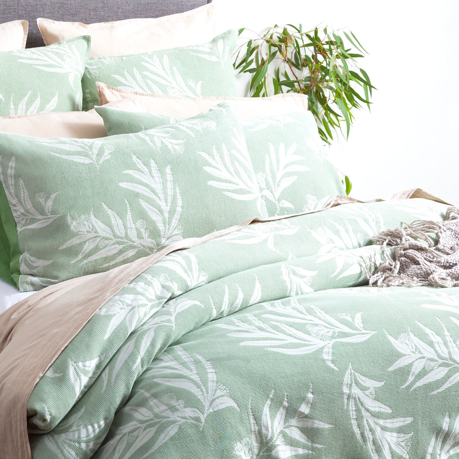 Juniper green native cotton jacquard quilt cover set with matching pillowcases and delicate botanical pattern. — view 2