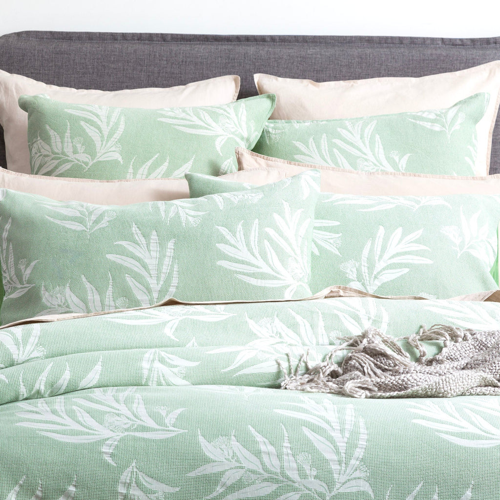 Juniper green native cotton jacquard quilt cover set with matching pillowcases and delicate botanical pattern. — view 3