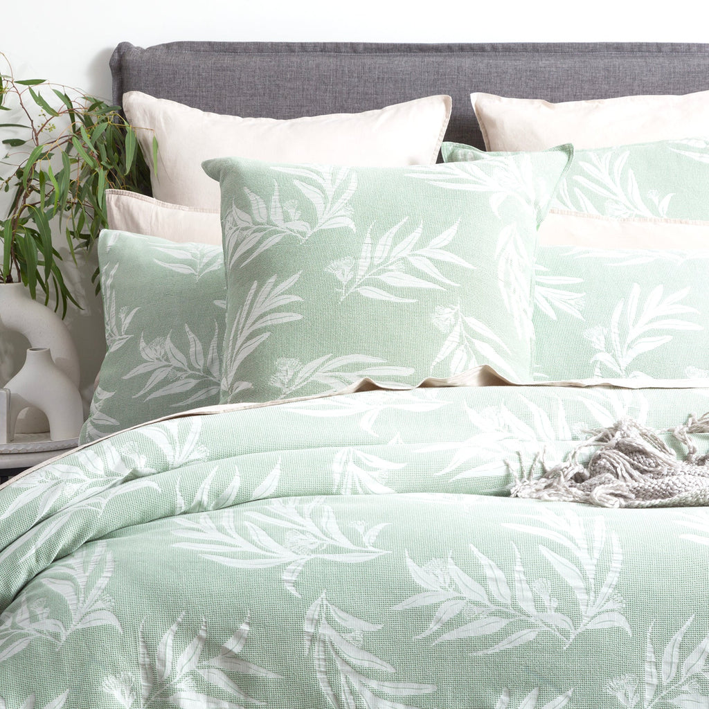 Juniper green native cotton jacquard quilt cover set with matching pillowcases and delicate botanical pattern. — view 4