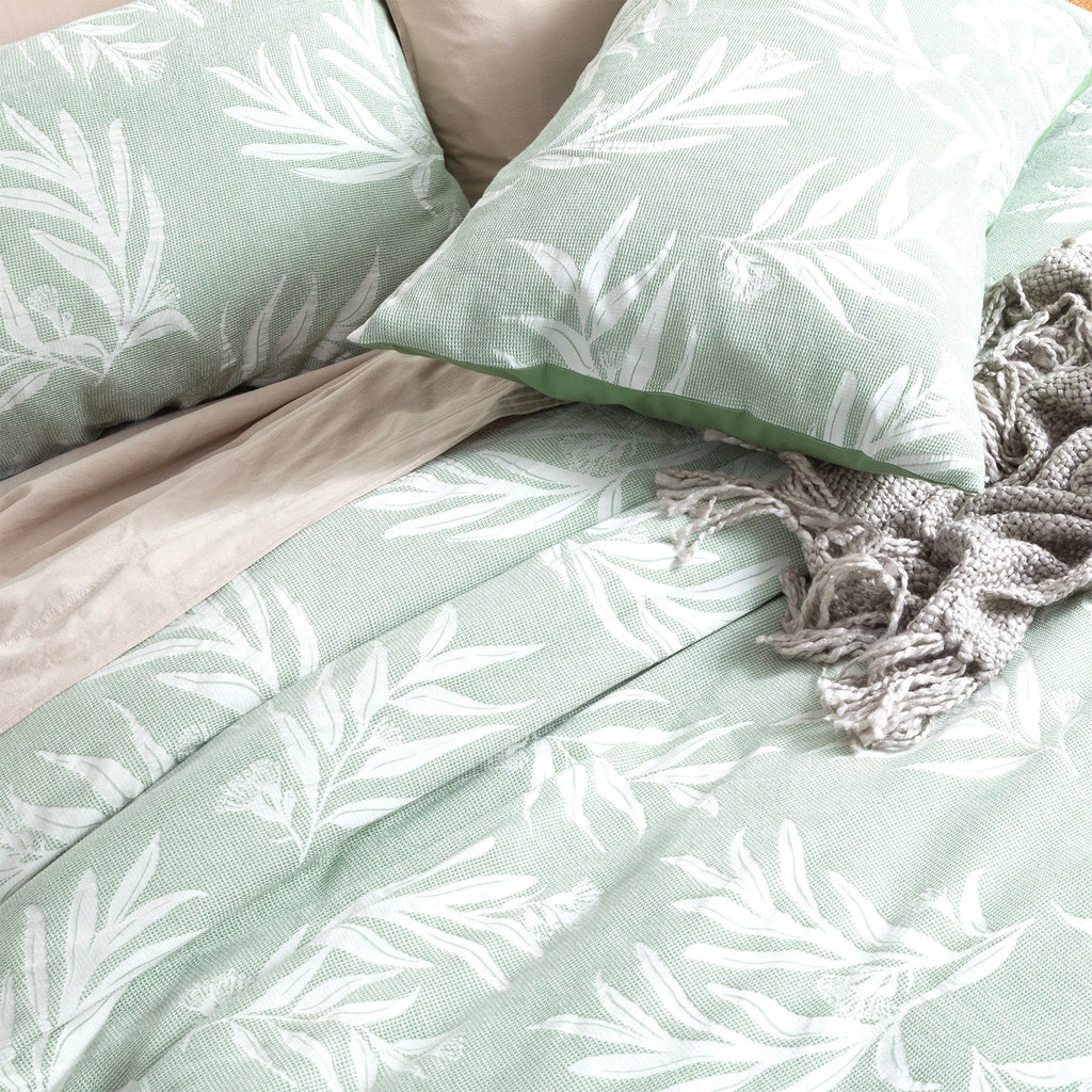Juniper green native cotton jacquard quilt cover set with matching pillowcases and delicate botanical pattern. — view 5