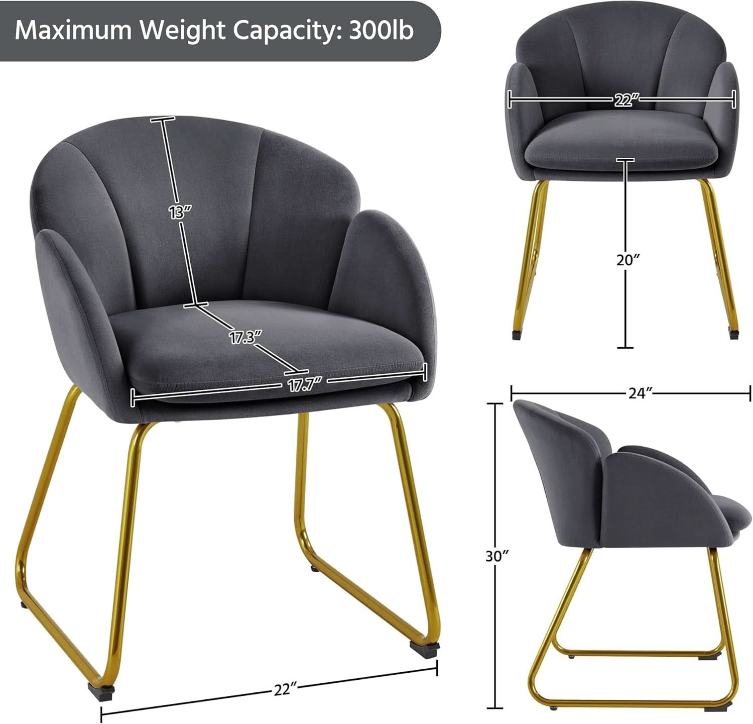 Dark gray flower shaped velvet armchair featuring golden metal legs and blooming petal backrest — view 3