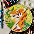 Malayan tiger DIY batik craft kit mounted on a bamboo ring with painting supplies