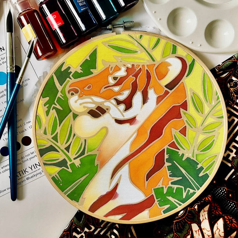 Malayan tiger DIY batik craft kit mounted on a bamboo ring with painting supplies