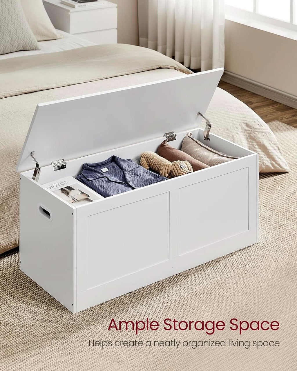 Cloud white entryway storage bench with open lid, revealing spacious interior hidden storage compartment. — view 4