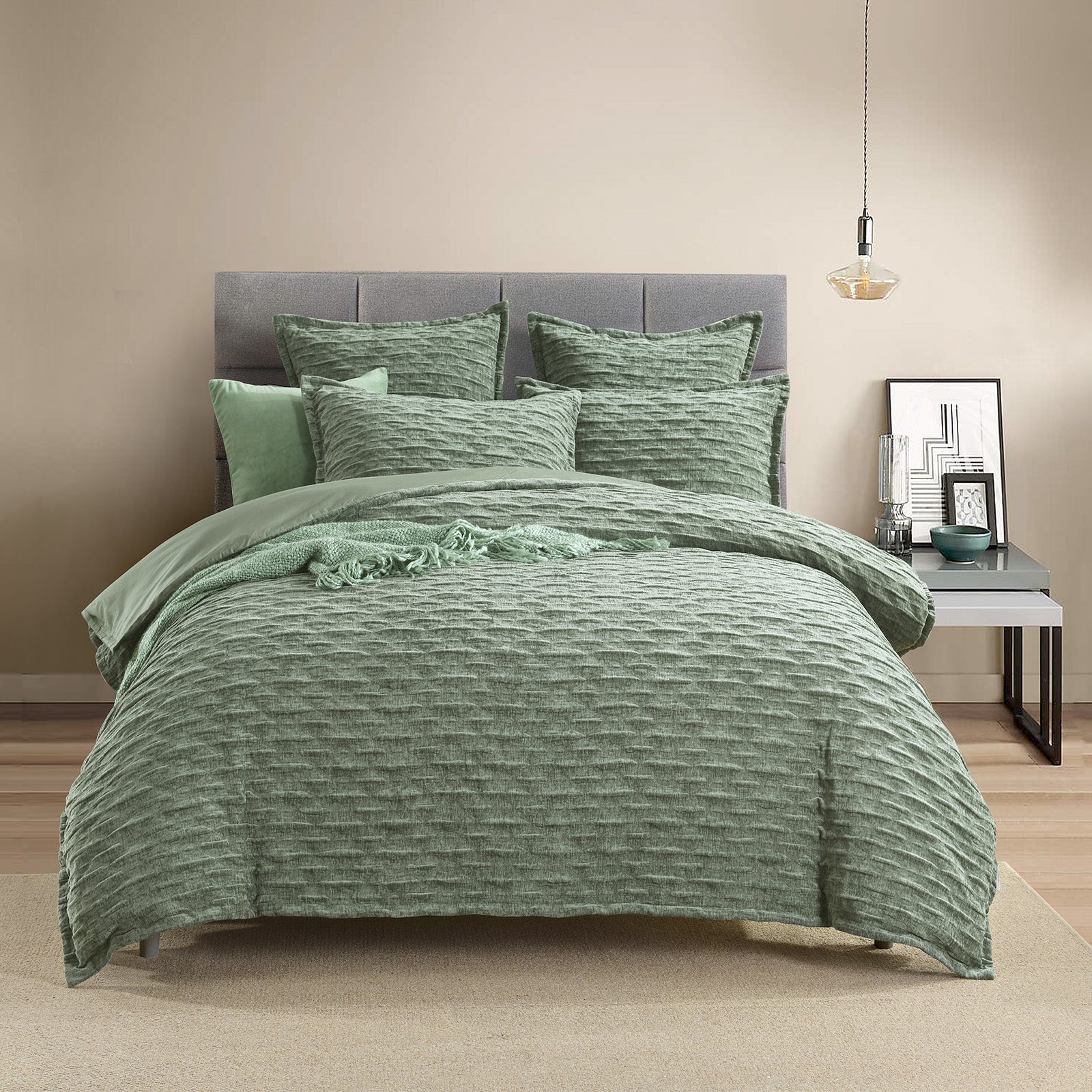 Harper jacquard quilt cover set in deep juniper green with subtle crinkle velvet texture