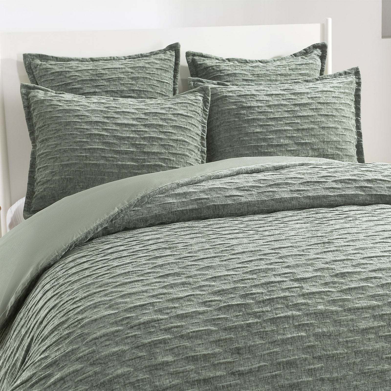 Harper jacquard quilt cover set in deep juniper green with subtle crinkle velvet texture — view 2