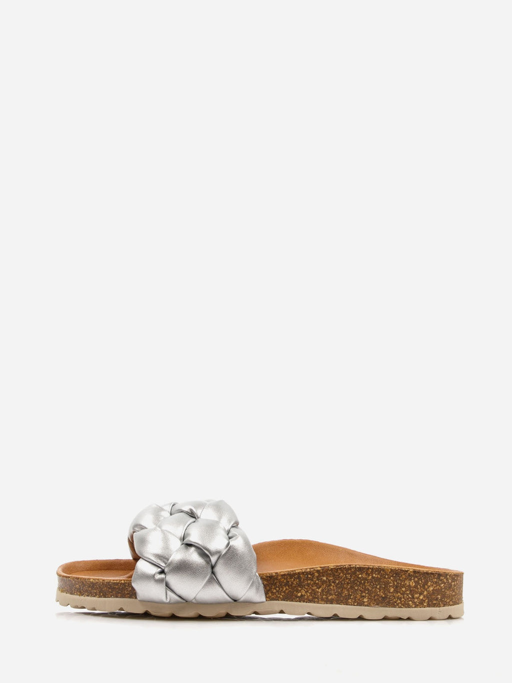Women's comfort sandals in silver and brown featuring a synthetic upper and genuine leather lining