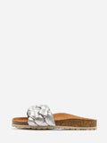 Women's comfort sandals in silver and brown featuring a synthetic upper and genuine leather lining