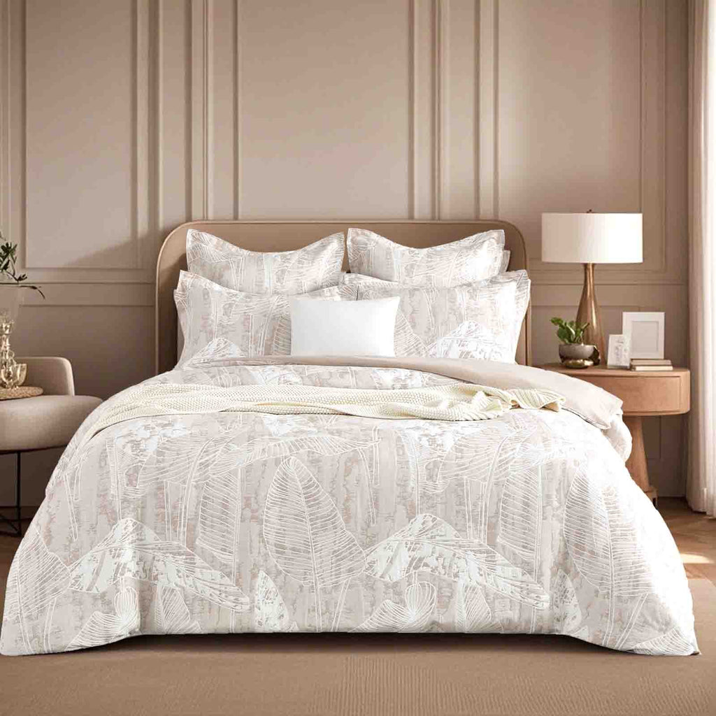 Panache woven jacquard quilt cover set in a soothing beige and soft white botanical