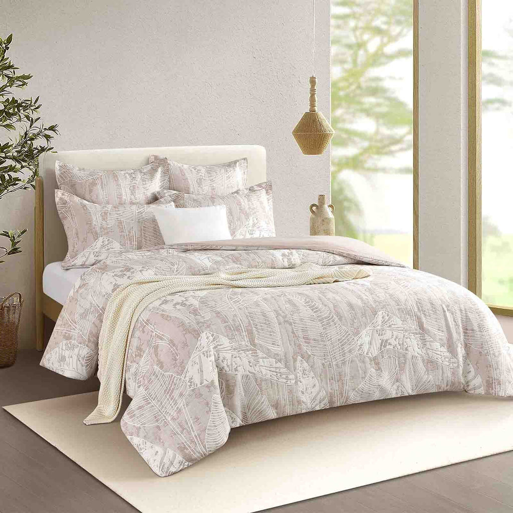 Panache woven jacquard quilt cover set in a soothing beige and soft white botanical — view 2