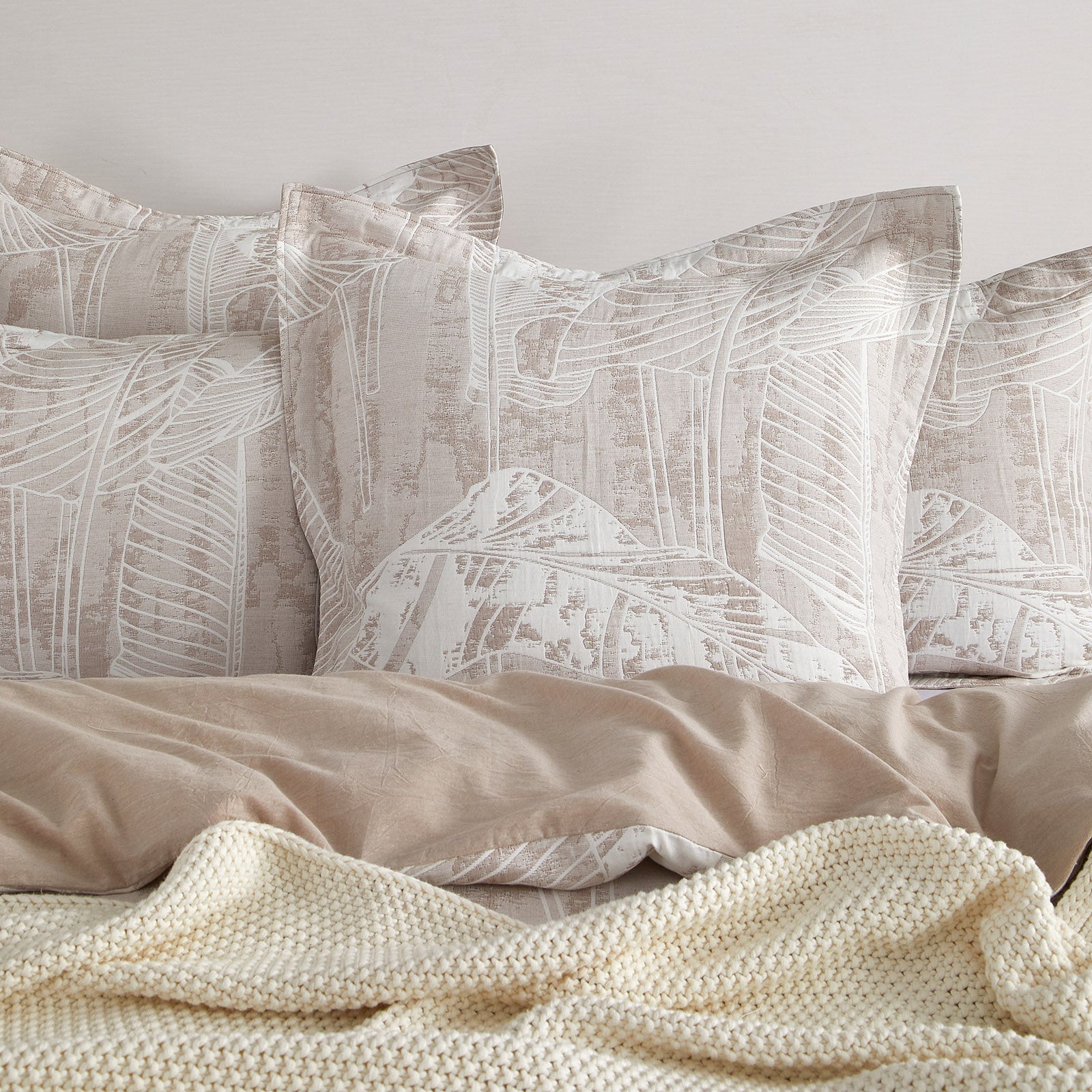 Panache woven jacquard quilt cover set in a soothing beige and soft white botanical — view 4