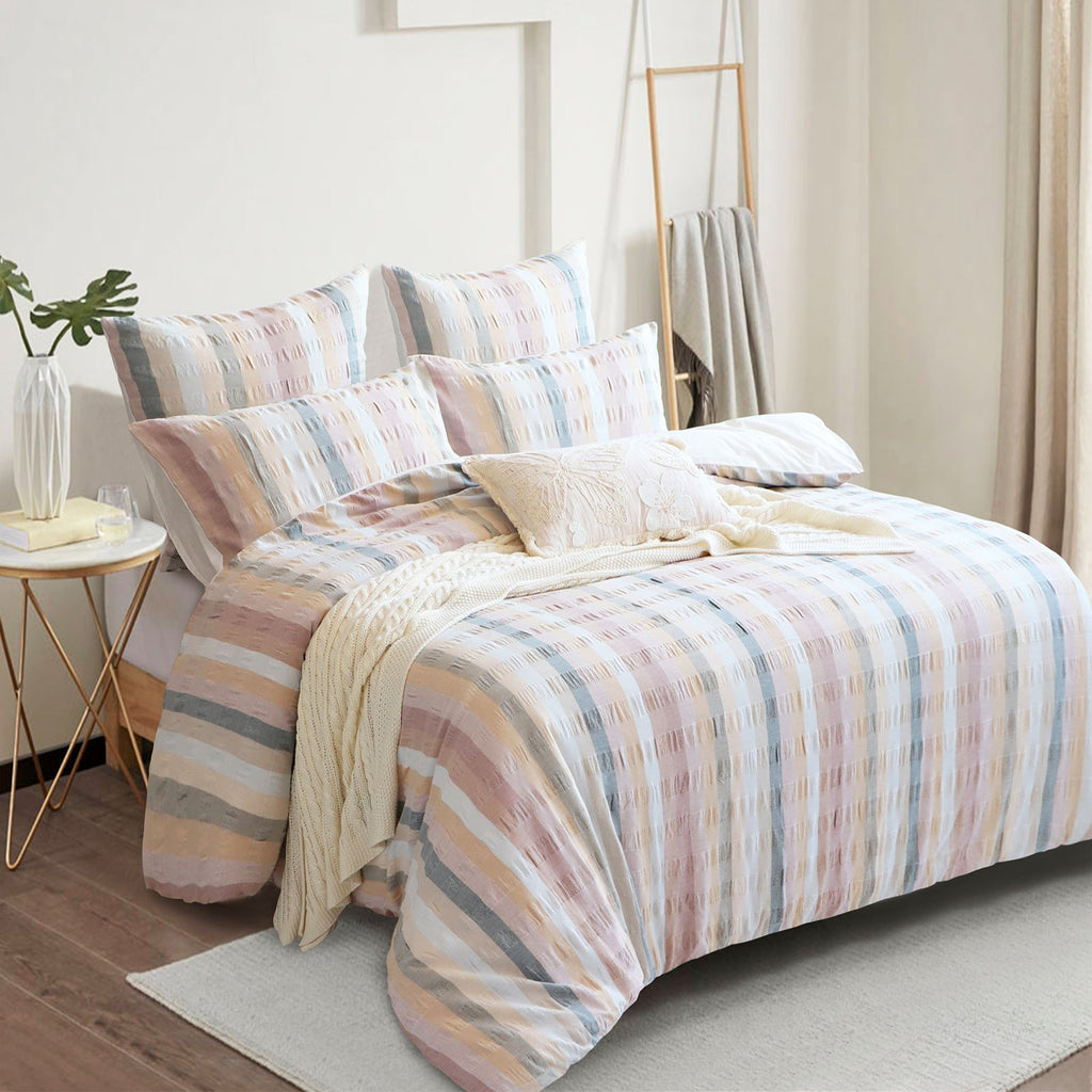Layla cotton quilt cover set featuring striped seersucker in blush clay ivory and airy blue — view 2