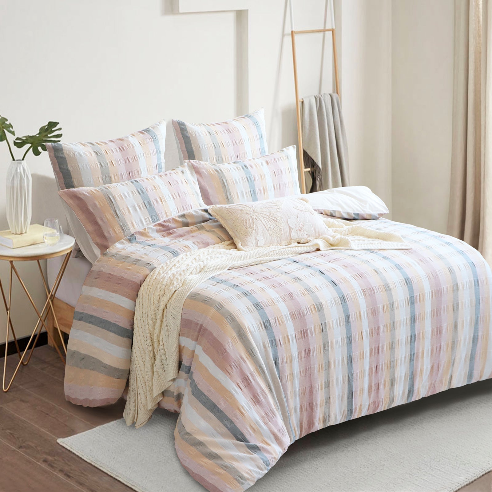 Layla cotton quilt cover set featuring striped seersucker in blush clay ivory and airy blue — view 2