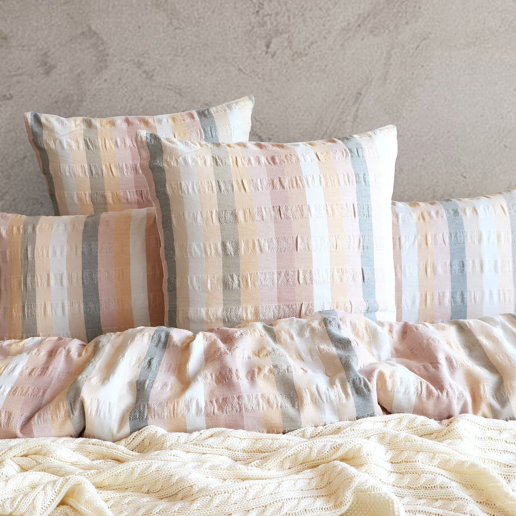 Layla cotton quilt cover set featuring striped seersucker in blush clay ivory and airy blue — view 3