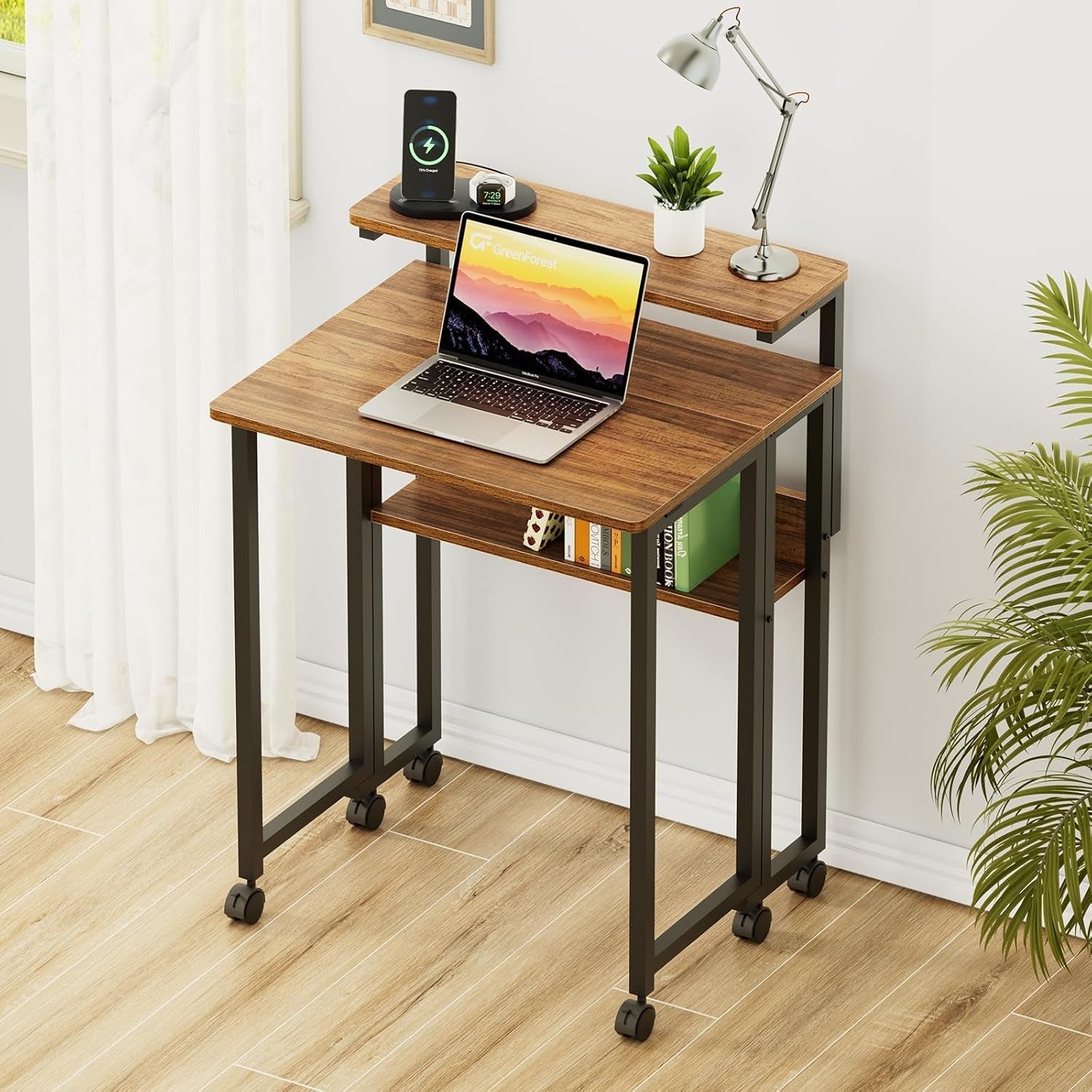 Walnut foldable desk with adjustable monitor stand, storage shelf, and lockable caster wheels. — view 2