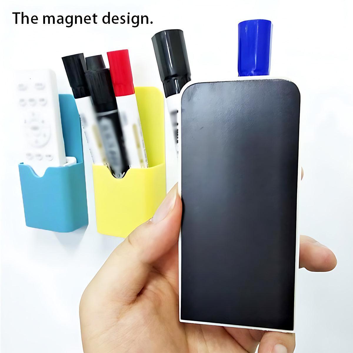 Magnetic pen holder box in durable plastic attached to a white refrigerator storing office supplies — view 4