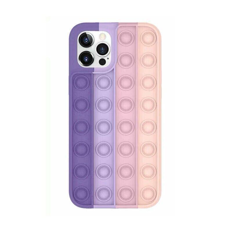 Purple and pink silicone pop fidget phone case for iPhone with push bubble design — view 2