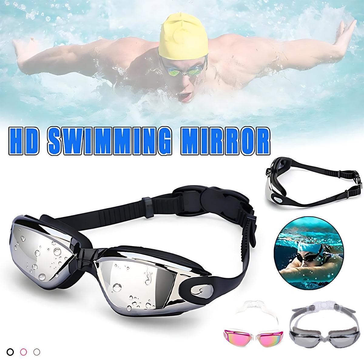 Unisex swimming goggles with black silicone strap and anti fog polycarbonate lenses for clear vision