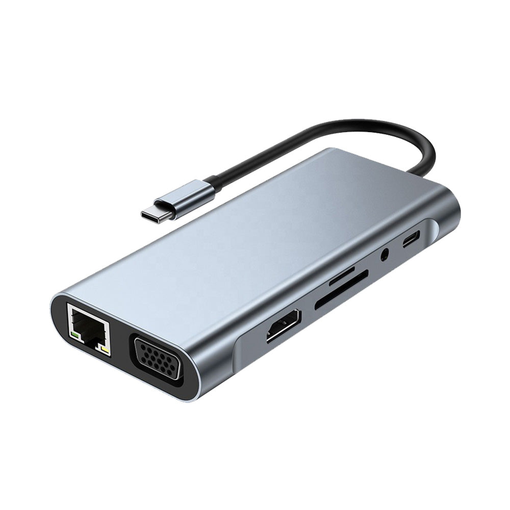 Metallic 11-in-1 USB-C hub multiport adapter featuring HDMI ethernet and memory card slots