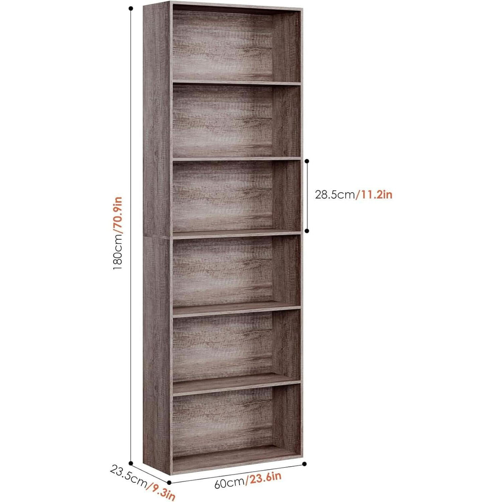 Gray oak 6-tier open bookcase freestanding wooden shelving unit for home office and bedroom storage — view 3