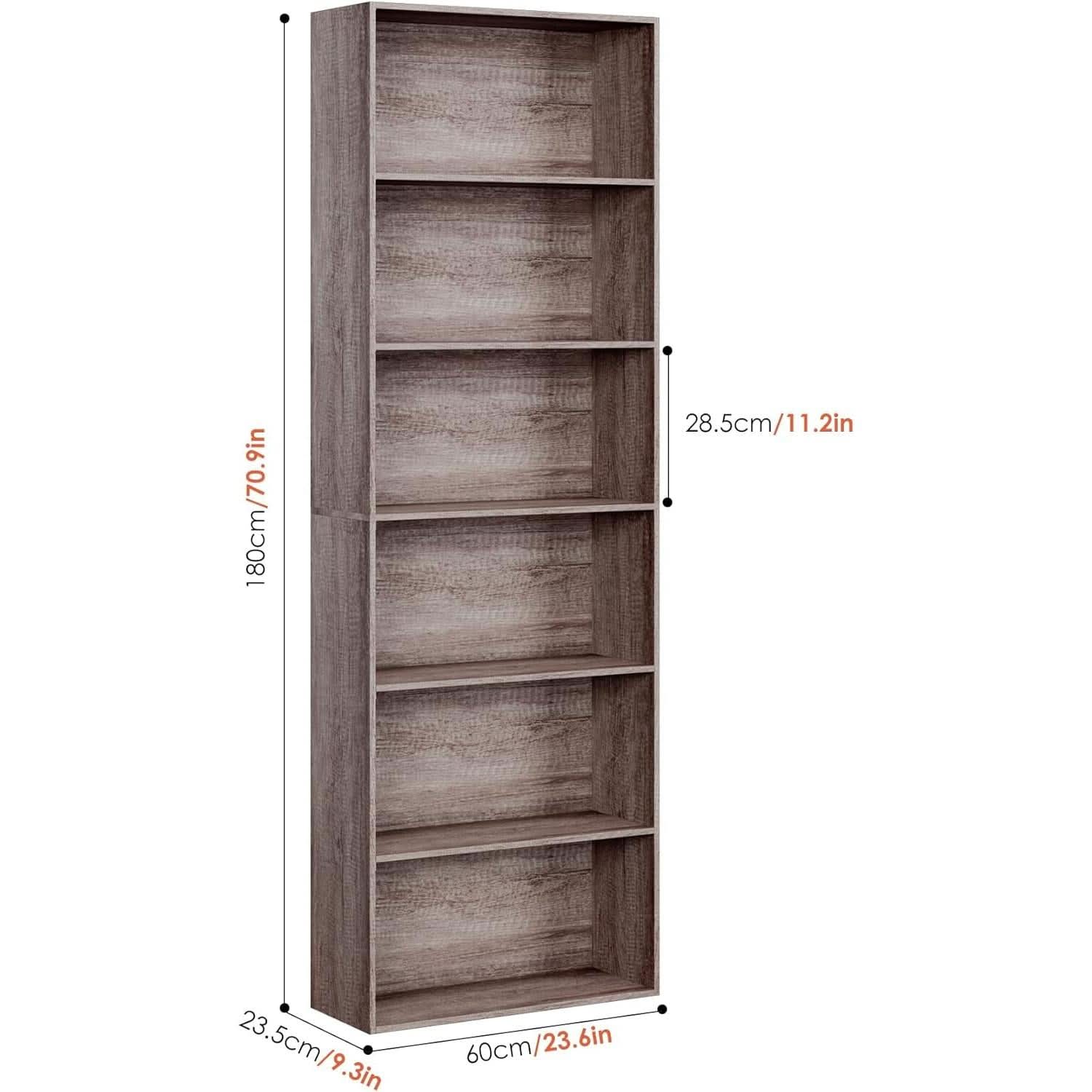 Gray oak 6-tier open bookcase freestanding wooden shelving unit for home office and bedroom storage — view 3