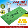 Green portable golf swing training mat with non-slip rubber base and seven practice balls