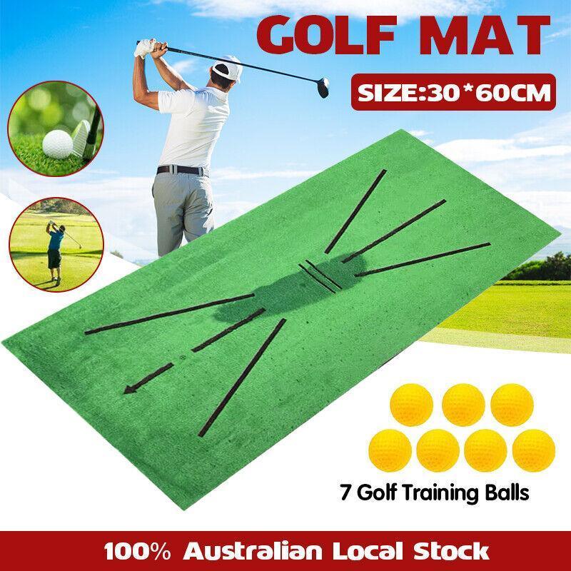 Green portable golf swing training mat with non-slip rubber base and seven practice balls