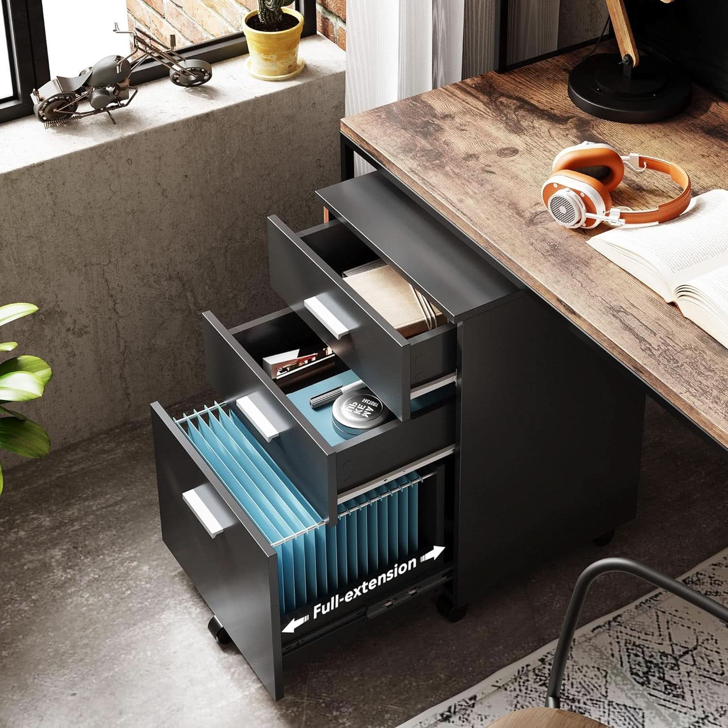 Black wood three drawer mobile file cabinet with rolling casters for home office organization — view 4