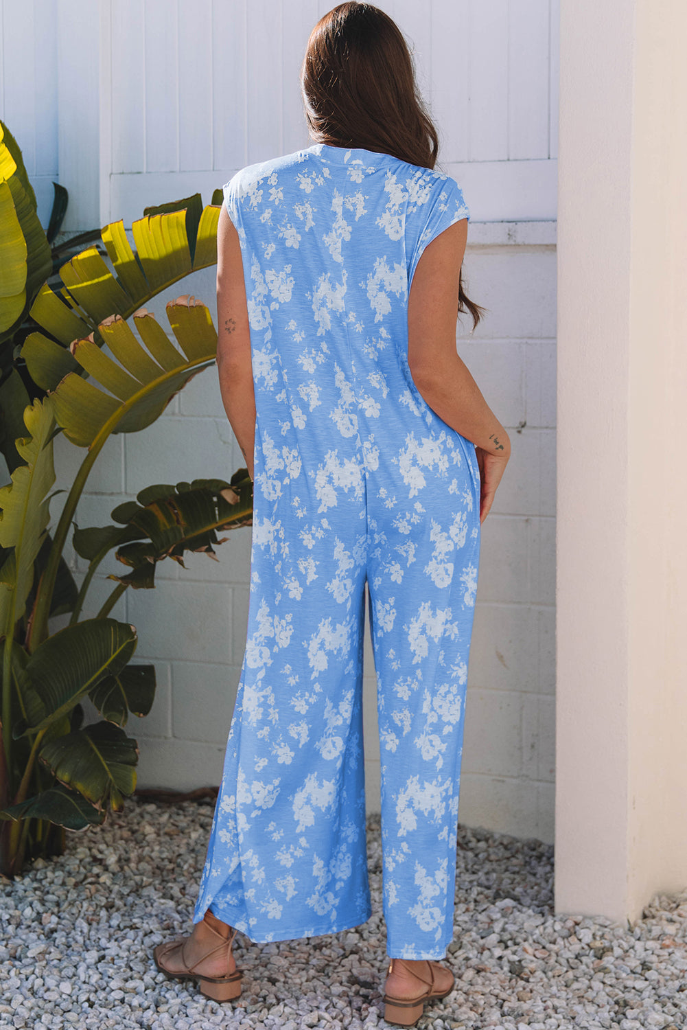 Stella floral wide leg jumpsuit in blue with half-button front and relaxed sleeveless fit — view 2