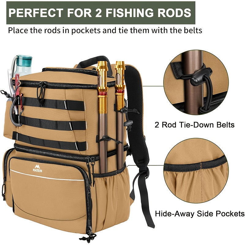 Khaki polyester fishing tackle backpack with integrated rod holders and a built-in cooler compartment. — view 5