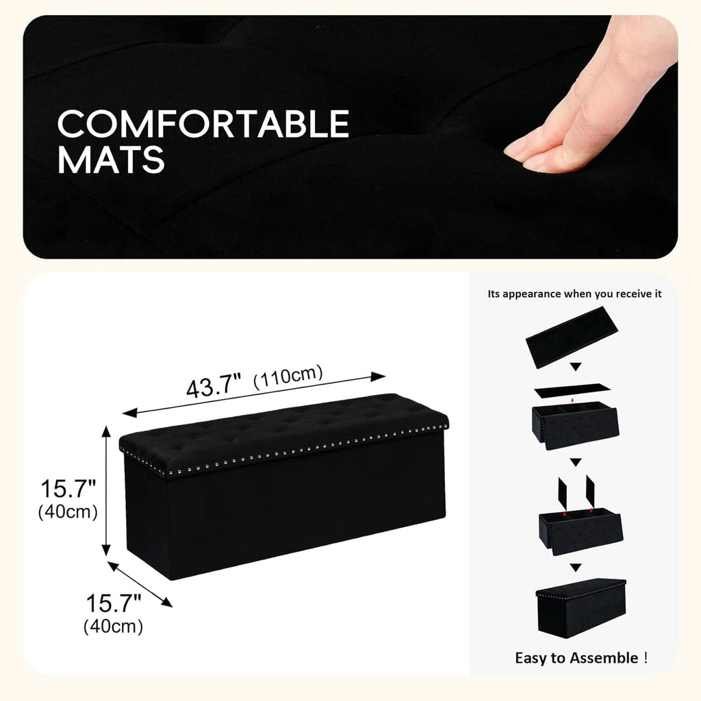 Black velvet storage ottoman bench with plush cushion, open to show hidden interior compartment space — view 3
