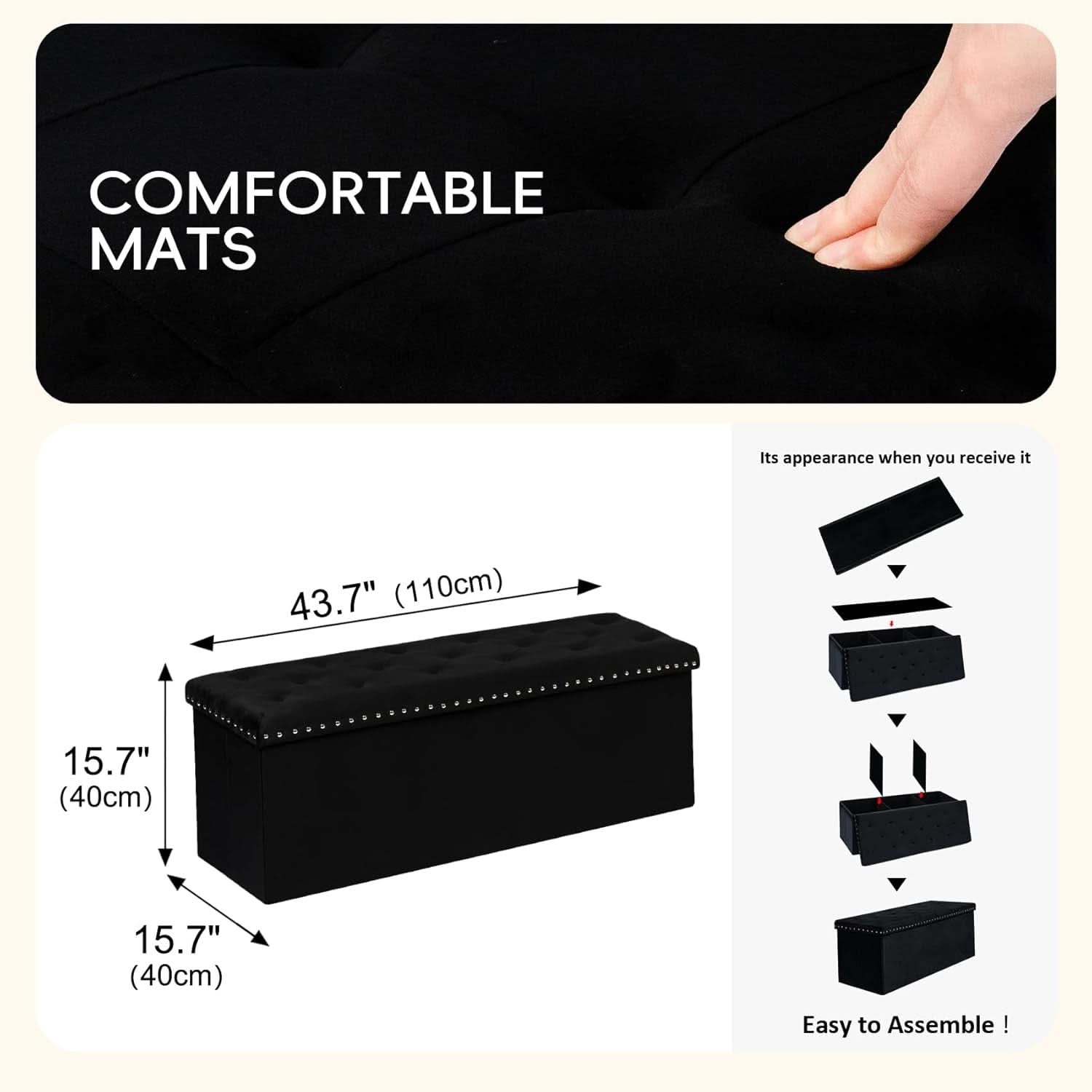 Black velvet storage ottoman bench with plush cushion, open to show hidden interior compartment space — view 3