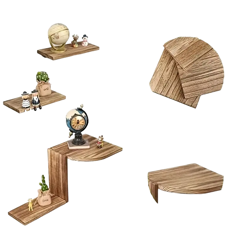 Rustic wooden wall-mounted corner shelf set displaying small potted plants and books