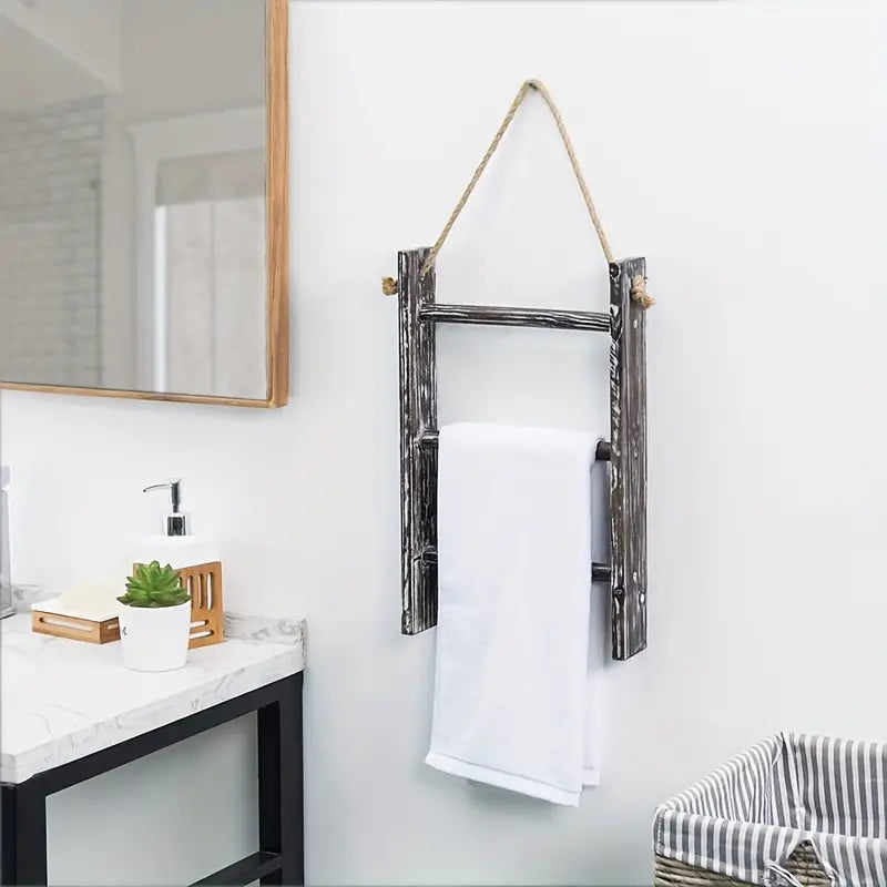 Rustic wood 3-tier wall hanging towel rack with ladder design and top rope detail — view 4