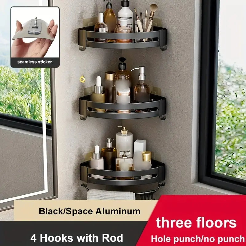 Three tier matte black aluminum corner bathroom shelf with non-drill adhesive mounting — view 5