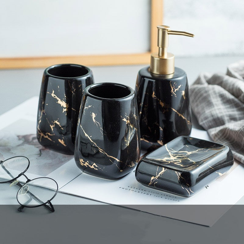 Ceramic bathroom soap dispenser and toothbrush holder set with modern golden marble effect — view 5
