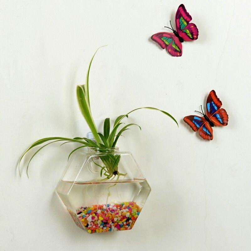 Clear geometric glass hanging fish tank holding water and aquatic plants on a plain background — view 4