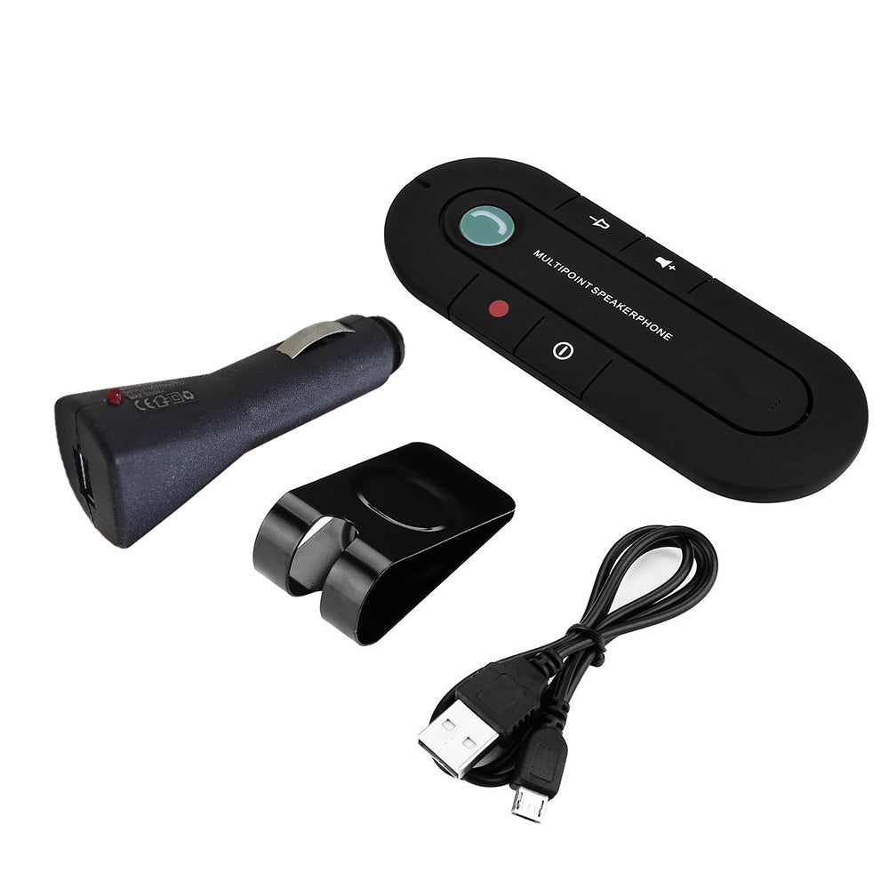 Black Bluetooth hands-free car speakerphone attached to a vehicle sun visor with metal clip.