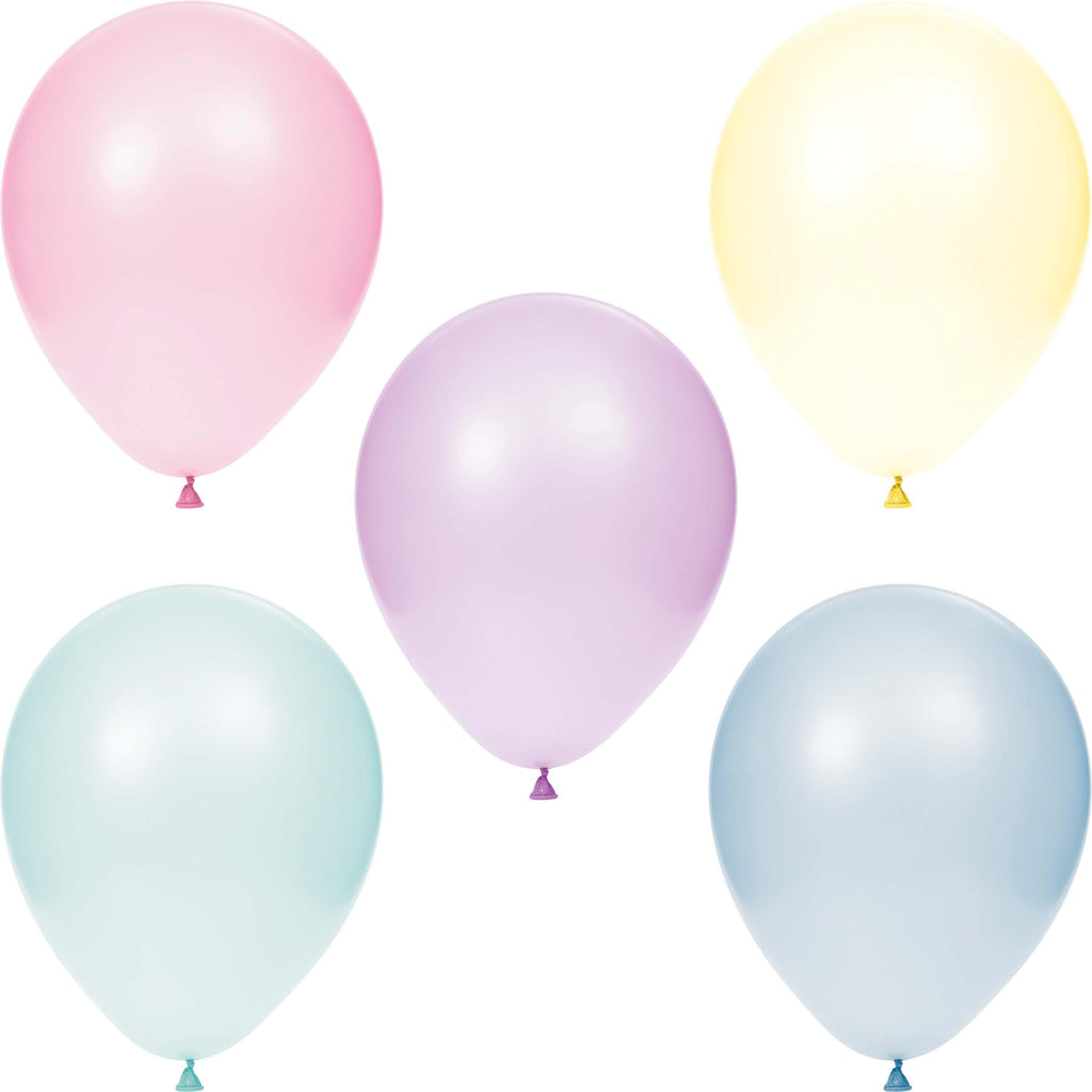 Assorted pastel pink blue purple and yellow 12-inch latex party balloons in a bulk bunch — view 2