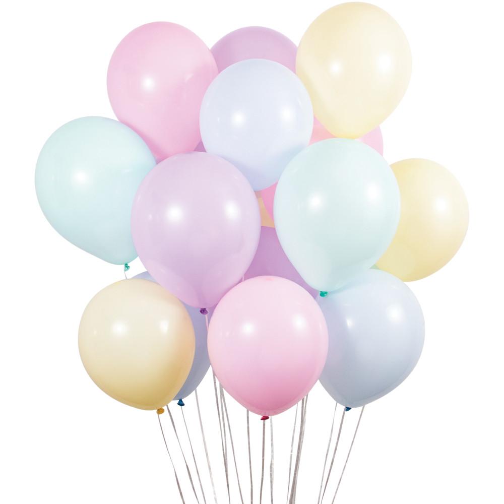Assorted pastel pink blue purple and yellow 12-inch latex party balloons in a bulk bunch