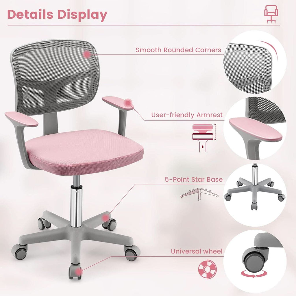 Pink ergonomic kids desk chair with breathable mesh back, adjustable height, armrests, and rolling casters — view 4