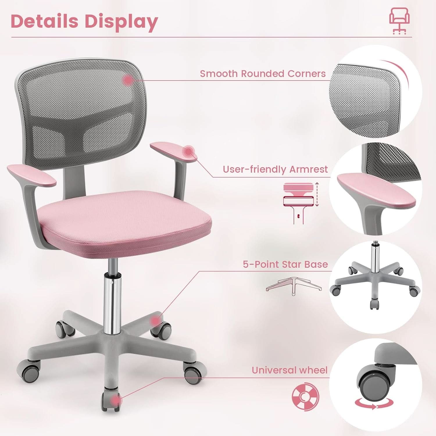 Pink ergonomic kids desk chair with breathable mesh back, adjustable height, armrests, and rolling casters — view 4