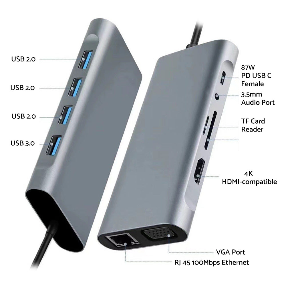 Metallic 11-in-1 USB-C hub multiport adapter featuring HDMI ethernet and memory card slots — view 4