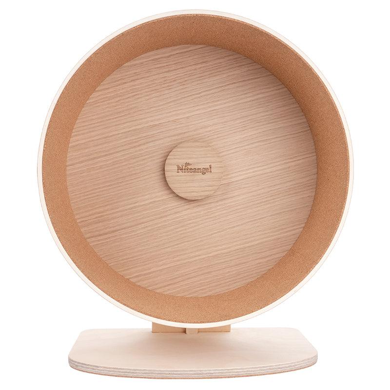 Whispering Woodland Hamster Wheel in natural wood finish with two protective cork running pads — view 2