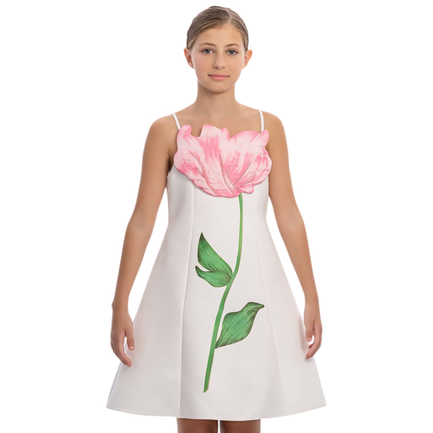 Blooming Belle girls formal dress in off-white satin with delicate floral appliqués and embroidery. — view 2